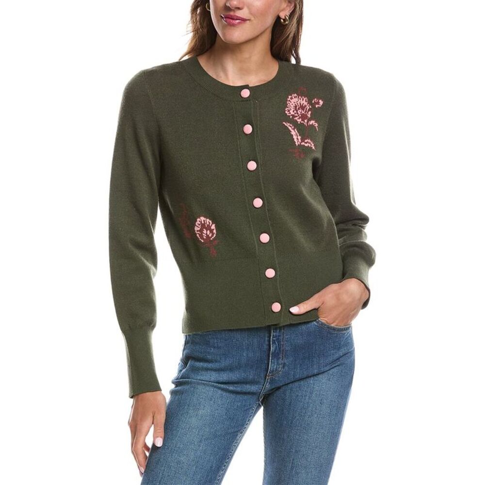 Laundry By Shelli Segal Womens Crewneck Ribbed Hem Cardigan, Green